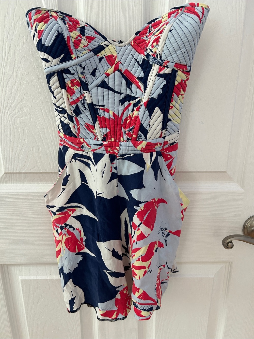 Parker Sutton Floral Strapless Romper in Navy, Red & Cream silk.